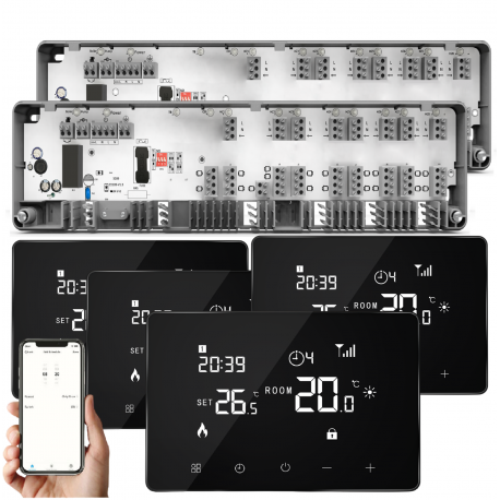 Kit Automatizare Incalzire Pardoseala Smart Q10, 4 zone, 4 Termostate cu fir Q10, Control prin telefon