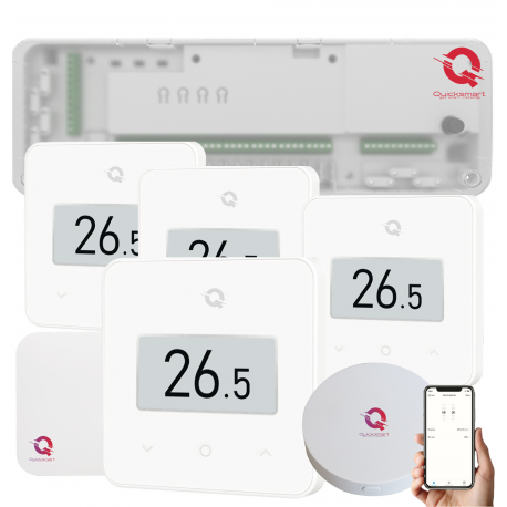 Automatizare Incalzire Pardoseala Q20, Controller 8 zone, 4 Termostate Q30 Wireless, Ecran e-Ink, Panou tactil sticla, Smart