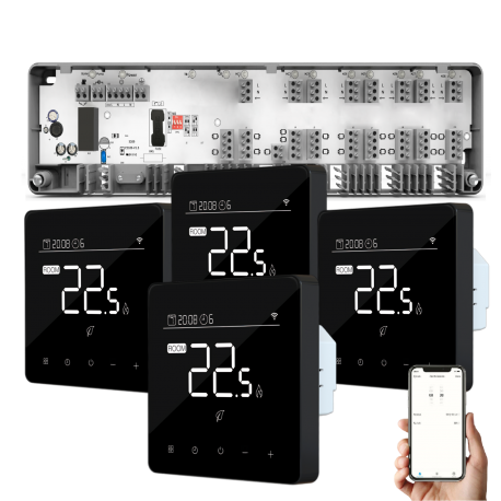 Automatizare Incalzire Pardoseala Q10, Controller pardoseala 8 zone, 4 Termostate cu fir Q40, Incastrabil, Smart, Negru